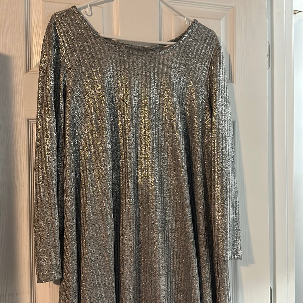 Long sleeve silver sparkly formal dress.